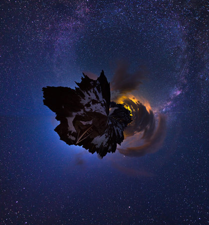 Little planet of the night sky in the Swiss alps at 2700  metres  Visible is a glow from a city and...