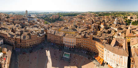 Panoramic view over Siena and the Piazza del Campo, Italy, from the Torre del Mangia のeditorial素材