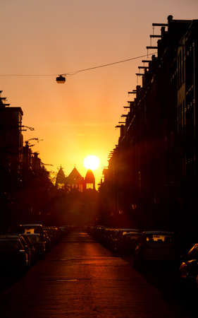Early morning sunrise in the streets of Amsterdam, Netherlandsの写真素材
