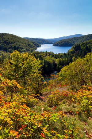 Landscape panorama over Plitvice in Croatia in autumn with a big waterfall  HDRの写真素材