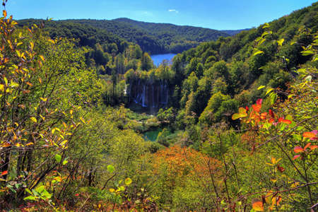 View over Plitvice national park in autumn in Croatiaの写真素材