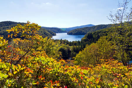Beautiful panorama from a hiking trail in Plitvice national park in Croatia in autumnの写真素材