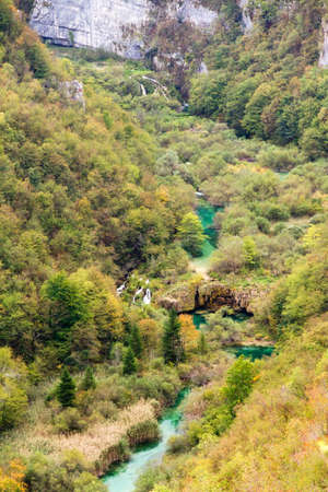 Looking down the valley in Plitvice national park in Croatiaの写真素材