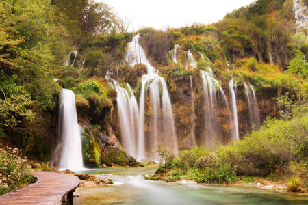 Stunning view from the lower path on the waterfalls  in Plitvice national park, in Croatia.の写真素材