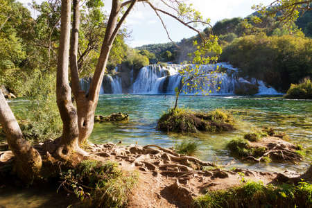 Beautiful view on the Skradinski  waterfall at the end of the Krka river in Krka national park in Croatiaの写真素材