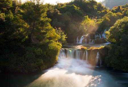 Beautiful morning view of waterfalls of the Krka river in Krka national park in Croatiaの写真素材