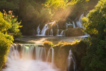 Beautiful morning view of waterfalls of the Krka river in Krka national park in Croatiaの写真素材