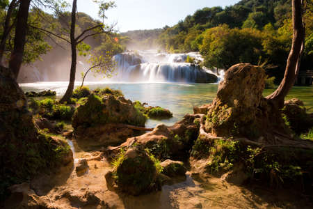 Beautiful view on the Skradinski  waterfall at the end of the Krka river in Krka national park in Croatiaの写真素材