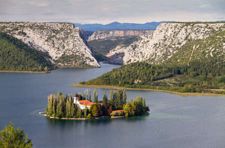 The Visovac Monastery  Croatian  Samostan Visovac  on the island of Visovac in the Krka National Park, Croatiaのeditorial素材