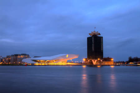 View on EYE Film Institute after sunset from the other side of the Ij  HDRのeditorial素材