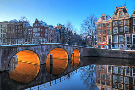 Beautiful early morning winter view on one of the Unesco world heritage city canals of Amsterdam, The Netherlands  HDR のeditorial素材