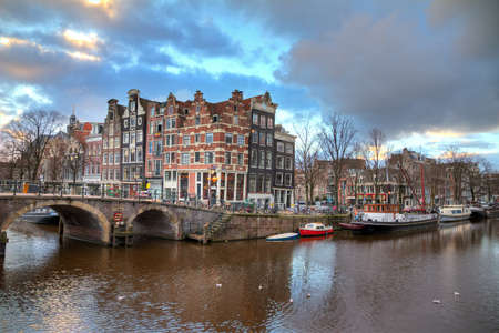 Beautiful HDR sunset view on the Brouwersgracht in Amsterdam, the Netherlands, a UNESCO world heritage site のeditorial素材