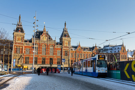 Winter view on the renovated Amsterdam Central Station in the Netherlands in January 2013のeditorial素材