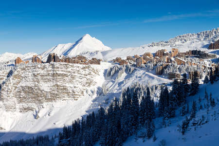 Cityscape of the town of Avoriaz in the Portes du Soleil in France on a sunny dayの写真素材