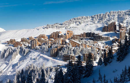 Cityscape of the town of Avoriaz in the Portes du Soleil in France on a sunny dayの写真素材