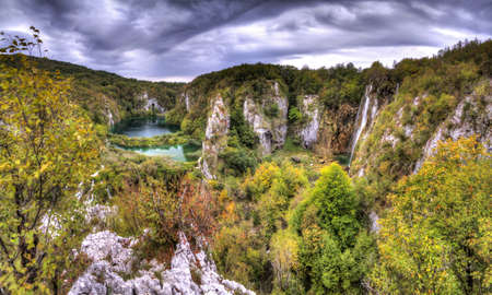 Magnificent view on the beautiful falls of Plitvice national park in Croatiaの写真素材