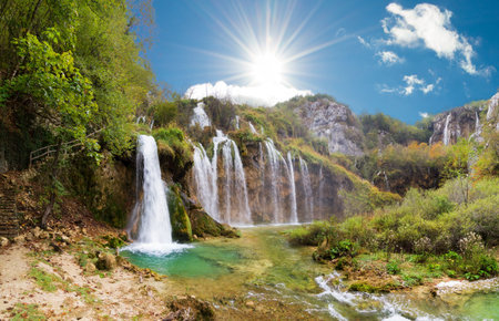 Magnificent view on the beautiful falls of Plitvice national park in Croatiaの写真素材