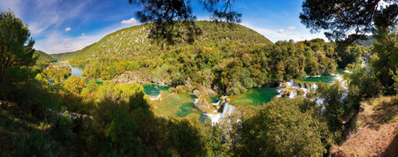 Beautiful 180 degree panorama at Krka national park in Croatiaの写真素材
