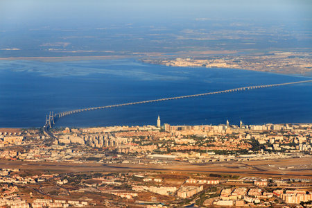 Vasco da gama bridge  and tower  in Lisbon, Portugal, seen from the sky