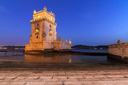 Beautiful image of the famous Belem tower after sunset during the blue hour in Lisbon, Portugal  のeditorial素材