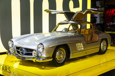 Mercedes 300 SL Gullwing in the iconic stars showroom on the Champs Elysees in Paris, France, on...