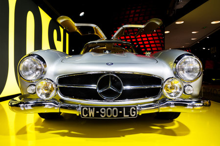 Mercedes 300 SL Gullwing in the iconic stars showroom on the Champs Elysees in Paris, France, on...