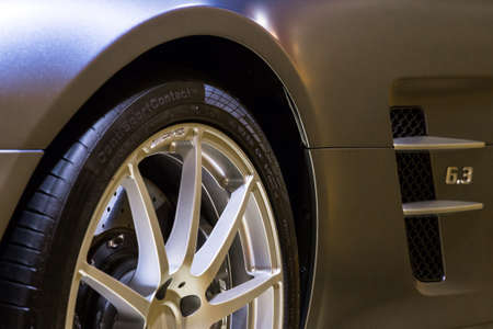 Detail of the Mercedes SLS AMG in the iconic stars showroom on the Champs Elysees in Paris, France, on February 20, 2014のeditorial素材