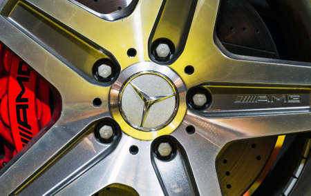 Close up of the wheel of the Mercedes G63 AMG in the iconic stars showroom on the Champs Elysees in Paris, France, on February 20, 2014のeditorial素材