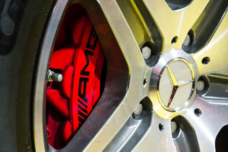 Close up of the wheel of the Mercedes G63 AMG in the iconic stars showroom on the Champs Elysees in Paris, France, on February 20, 2014のeditorial素材