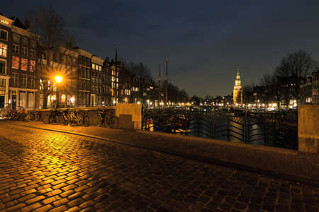Night scene of a bridge in Amsterdam, the Netherlandsの写真素材