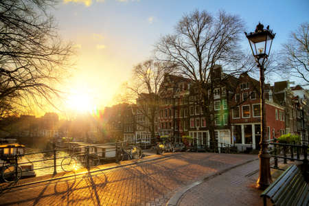 Beautiful winter sunrise over the canals of Amsterdam, the Netherlandsの写真素材