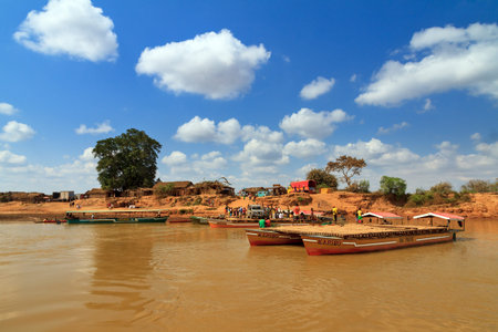 View from the river at the ferry crossing point in Belo Tsiribihina, Madagascar, on September 14, 2013のeditorial素材