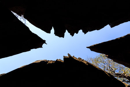 Skyward view on the unique limestone landscape at the Tsingy de Bemaraha Strict Nature Reserve in...
