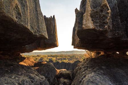 Beautiful view on the unique geography at the Tsingy de Bemaraha Strict Nature Reserve in Madagascarの写真素材