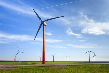 A field full of modern wind turbines for green energy in the Netherlands