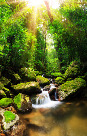 Beautiful vertical panorama of a cascade in the rainforest jungle of the Masoala National Park in...
