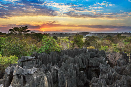 Beautiful sunset view on the unique geography at the Tsingy de Bemaraha Strict Nature Reserve in Madagascarの写真素材