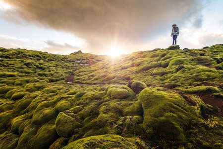 Beautiful tourist posing in the amazing volcanic mossy landscape of Eldhraun at sunrise in Icelandの写真素材