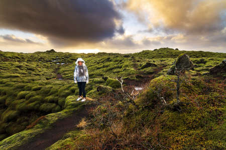 Beautiful tourist posing in the amazing volcanic mossy landscape of Eldhraun at sunrise in Icelandの写真素材
