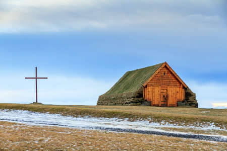 Turf covered side building at the Skalholt Cathedral in Icelandの写真素材