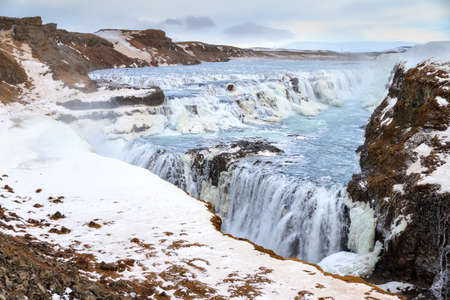 Beautiful view on the famous Gullfoss waterfall in Iceland in winterの写真素材