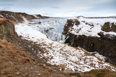 Beautiful view on the famous Gullfoss waterfall in Iceland in winterの写真素材