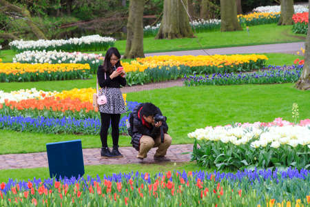 Tourists visit the popular Keukenhof gardens with beautiful tulips, hyacinths and other flowers in spring in Lisse, the Netherlands, on april 7, 2014のeditorial素材