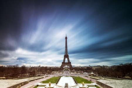 Beautiful ominous long exposure of the Eiffel tower in Paris, Franceの写真素材