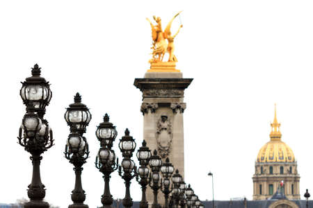 Lanterns of the Pont Alexandre III at a cloudy winter day in Parisの写真素材