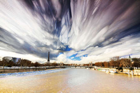 Composite timelapse art of the river Seine and the Eiffel tower in Paris, Franceの写真素材