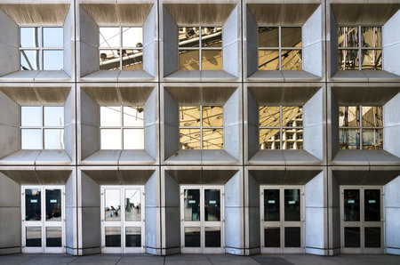 Beautiful close up of skyscraper windows of an office building at La Defense, Paris