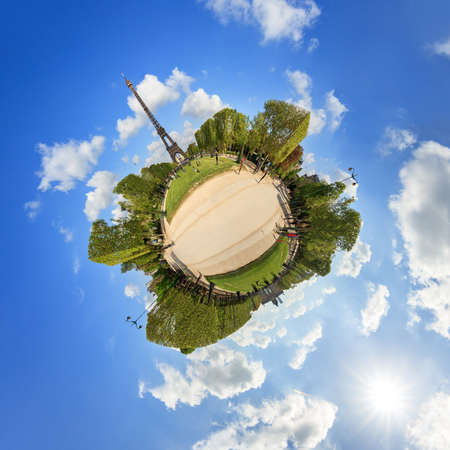 Beautiful 360 degree little planet panorama of the Eiffel tower in Paris, Franceの写真素材