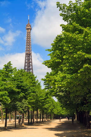 Beautiful green spring leafs at the Eiffel tower in Paris, Franceの写真素材