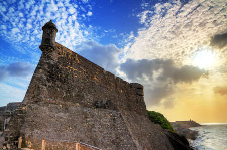 Beautiful view of the large outer wall with sentry box of fort San Cristobal in San Juan, Puerto Ricoのeditorial素材